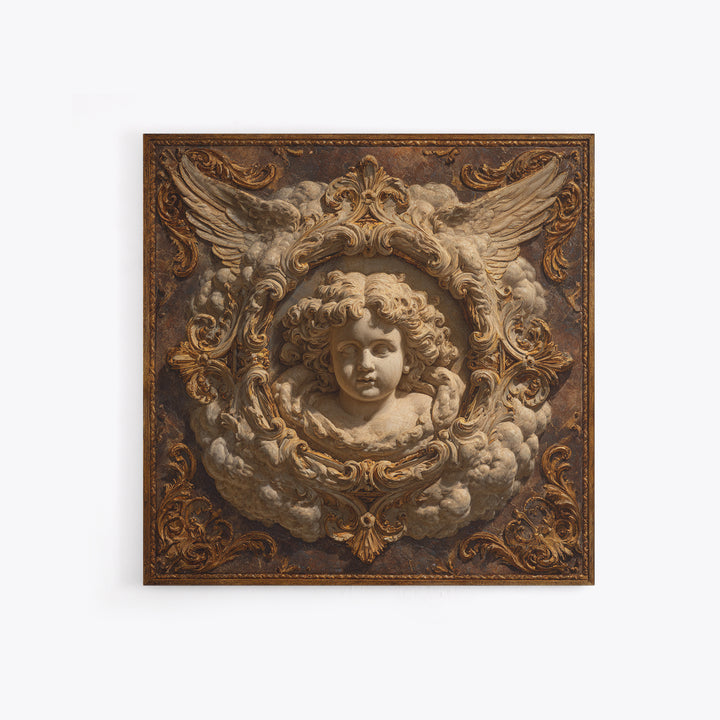 Ornate Cherub Figure Surrounded by Clouds and Framed Canvas Print, Baroque Art, Whimsical Decor, Living Room Decor, Ornate, BAO-1x1-2