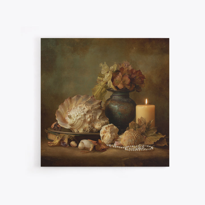 Ornamental Shell and Pearl Composition Canvas Print, Baroque Art, Dark Academia Decor, Living Room Decor, Oil Painting, Ornate, BAO-1x1-22