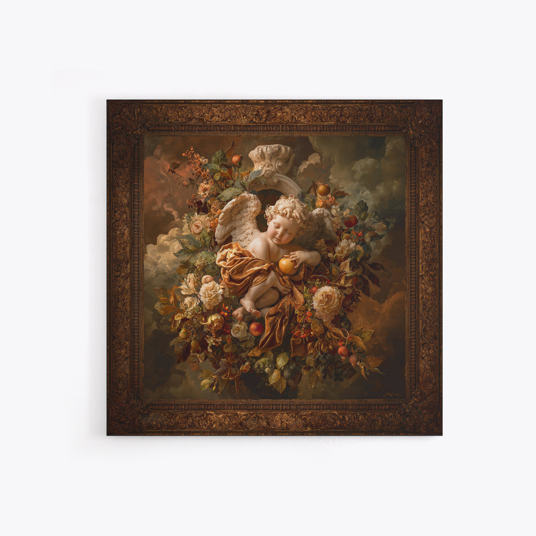 Ornate Cherub Figure Surrounded by Clouds and Canvas Print, Baroque Art, Moody Wall Art, Living Room Decor, Fine Art, Ornate, BAO-1x1-26