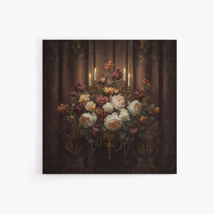 Velvet Drapery with Pearls Flowers and Candlelight Canvas Print, Baroque Art, 3d Wall Art, Living Room Decor, Ornate, BAO-1x1-27