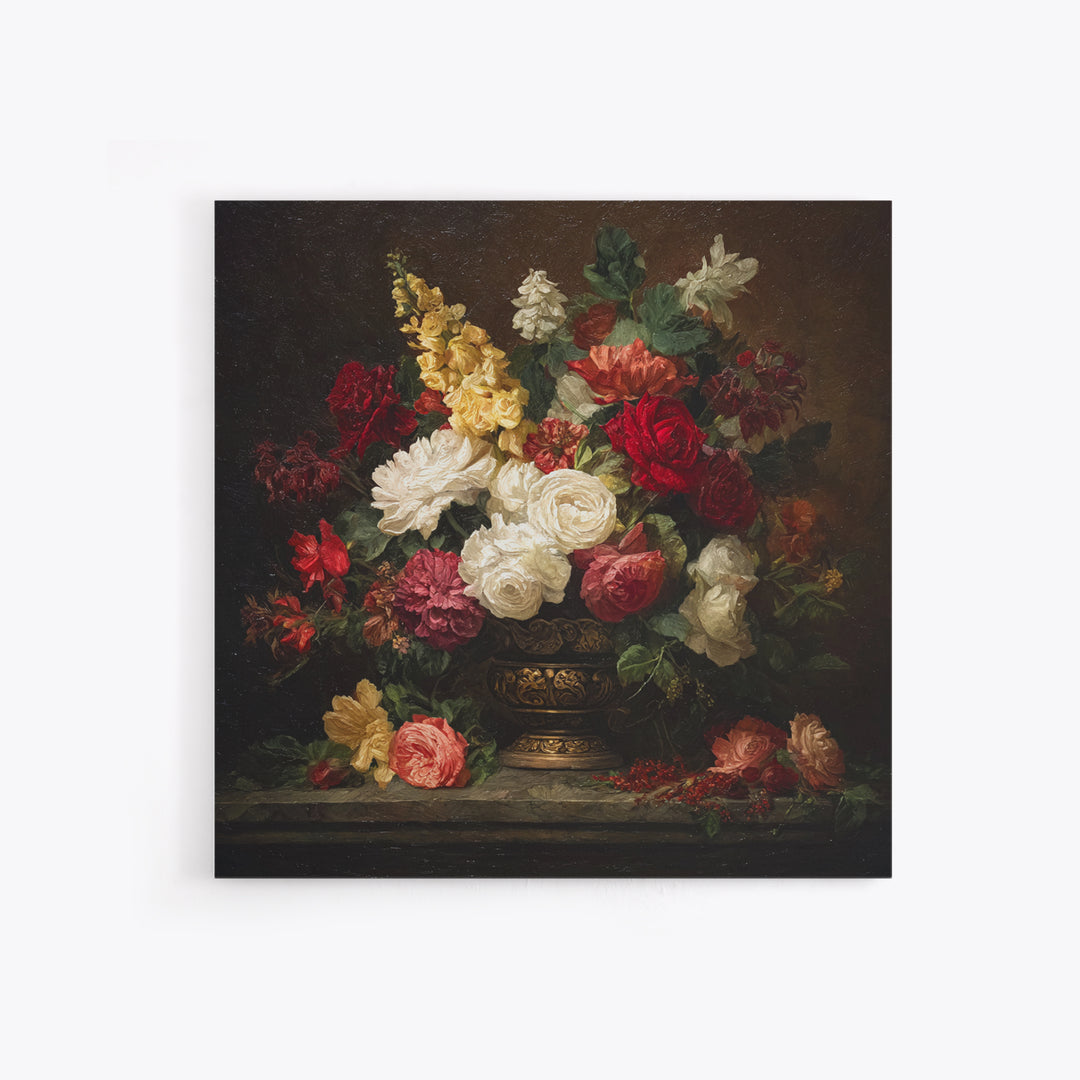 Dark Floral Arrangement Framed Canvas Print, Baroque Art, Oil Painting, Living Room Decor, Fine Art, Ornate, Eclectic Wall Art, BAO-1x1-28