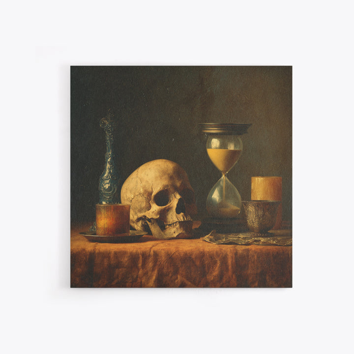 Skull and Hourglass Vanitas Still Life Framed Canvas Print, Baroque Art, Dark Academia Art, Living Room Decor, Fine Art, Ornate, BAO-1x1-29