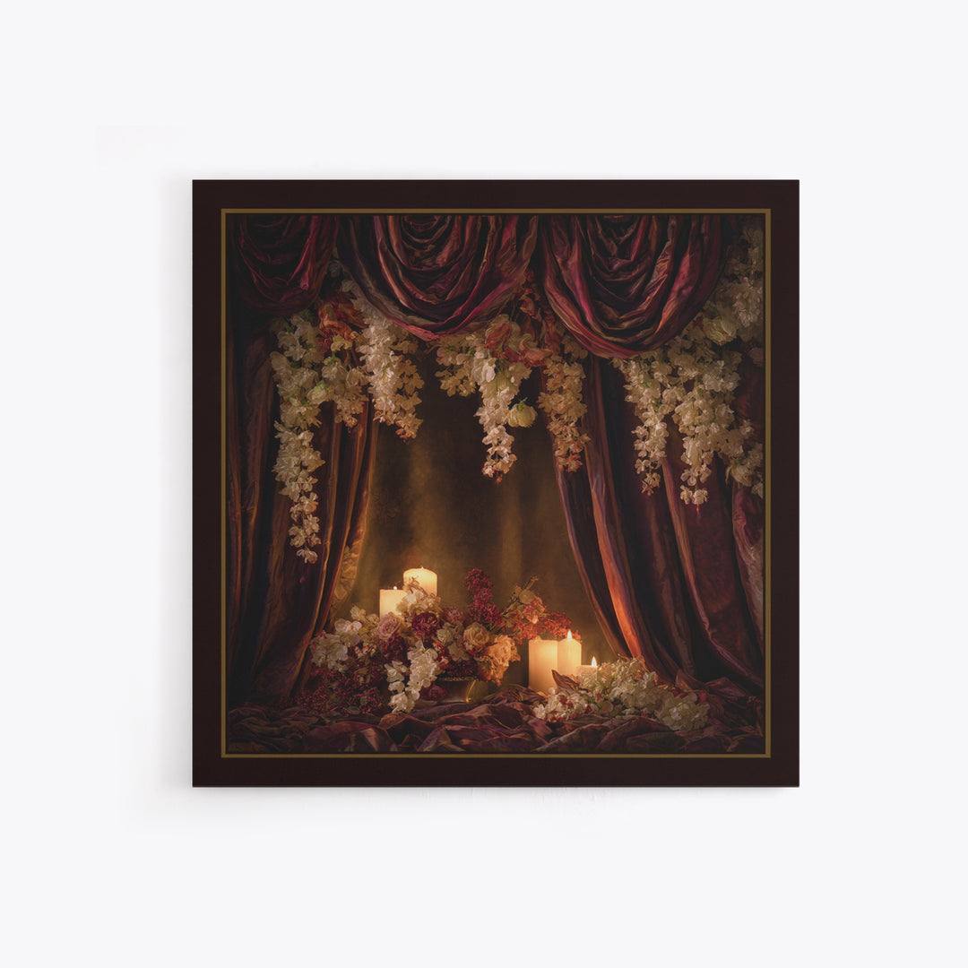 Velvet Drapery with Pearls Flowers and Candlelight Canvas Print, Baroque Art, Canvas, Living Room Decor, Fine Art, Ornate, BAO-1x1-3