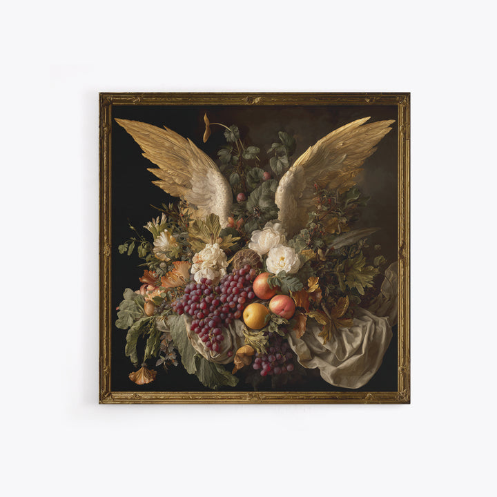 Gilded Angel Wings Emerging from Storm Clouds Canvas Print, Baroque Art, Minimalist Wall Art, Living Room Decor, Oil Painting, BAO-1x1-30