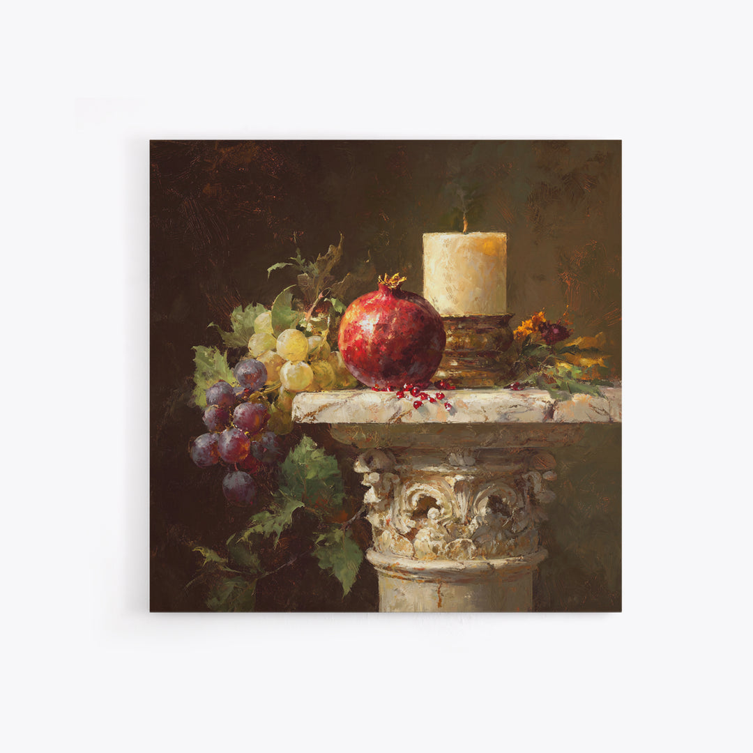 Pomegranate and Grapes on a Marble Ledge Framed Canvas Print, Baroque Art, Home Decor, Living Room Decor, Fine Art, Ornate, BAO-1x1-32