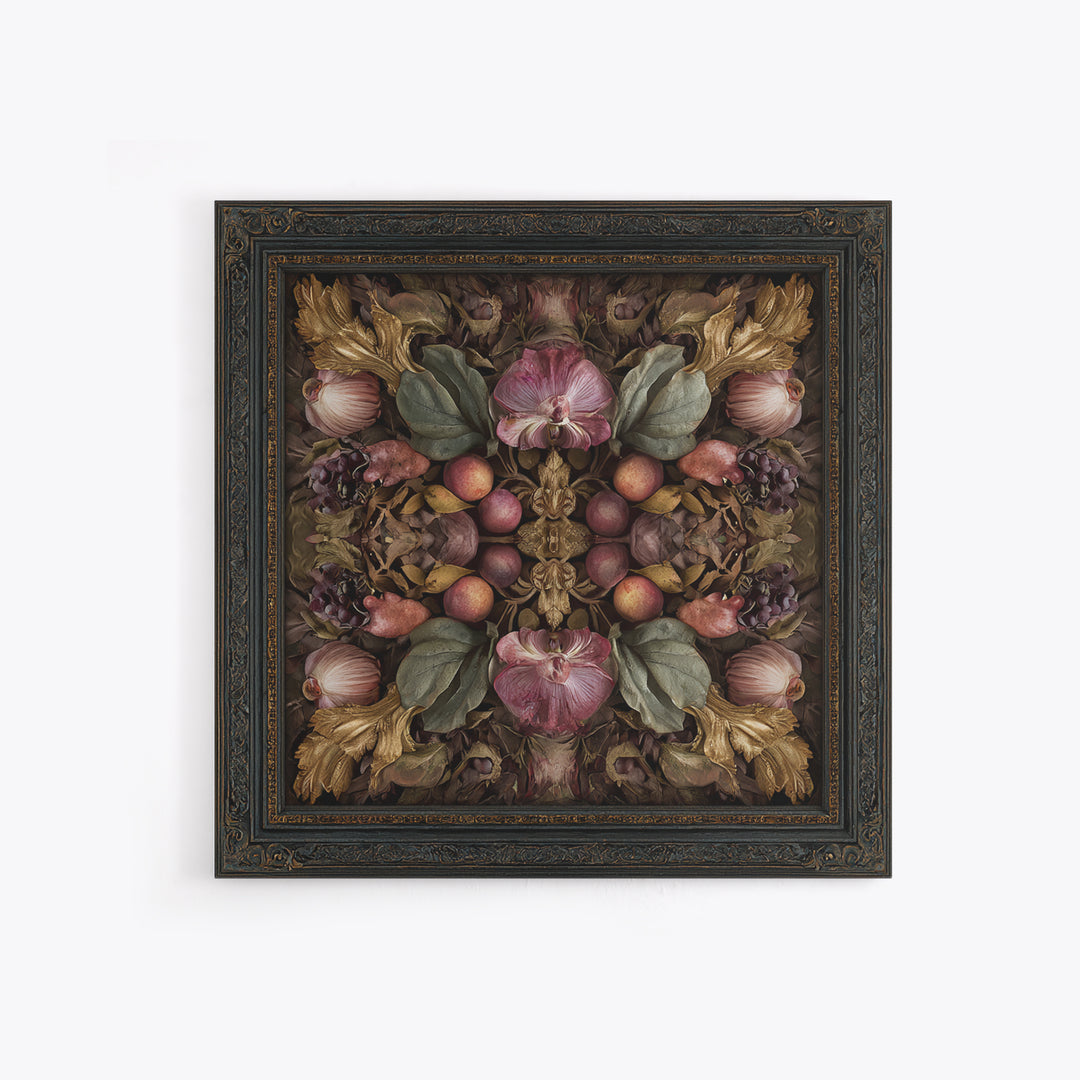 Ornate Gold Frame Illusion Around a Botanical Framed Canvas Print, Baroque Art, Maximalist Decor, Living Room Decor, Ornate, BAO-1x1-33