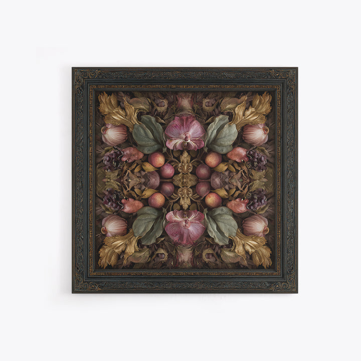 Ornate Gold Frame Illusion Around a Botanical Framed Canvas Print, Baroque Art, Maximalist Decor, Living Room Decor, Ornate, BAO-1x1-33