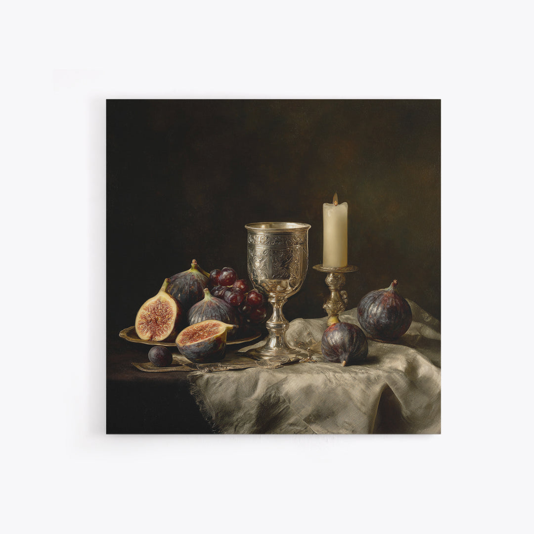 Candlelit Table with Silver Goblet and Figs Canvas Print, Baroque Art, Room Decor Aesthetic, Living Room Decor, Ornate, BAO-1x1-37