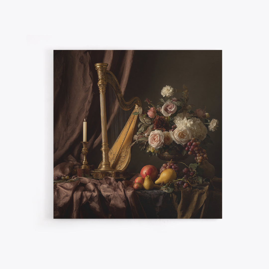 Golden Harp and Roses Framed Canvas Print, Baroque Art, Modern Wall Art, Living Room Decor, Abstract Art, Ornate, Feminist Art, BAO-1x1-42