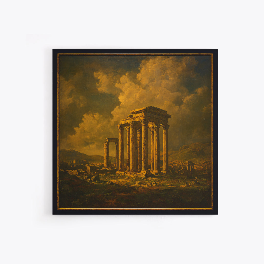 Classical Ruins Beneath a Dramatic Sky Framed Canvas Print, Baroque Art, Living Room Wall Art, Living Room Decor, Oil Painting, BAO-1x1-43