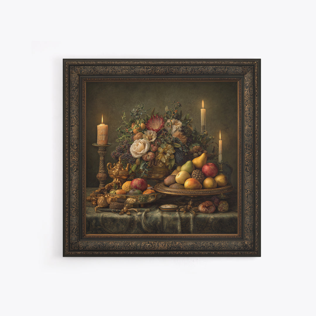 Lavish Banquet Fruit Composition Framed Canvas Print, Baroque Art, Whimsical Decor, Living Room Decor, Fine Art, Ornate, BAO-1x1-44