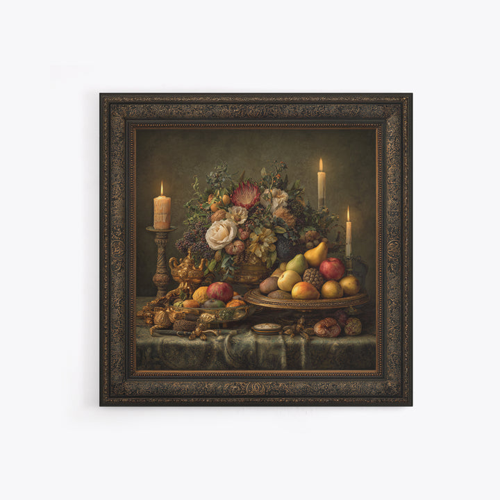 Lavish Banquet Fruit Composition Framed Canvas Print, Baroque Art, Whimsical Decor, Living Room Decor, Fine Art, Ornate, BAO-1x1-44