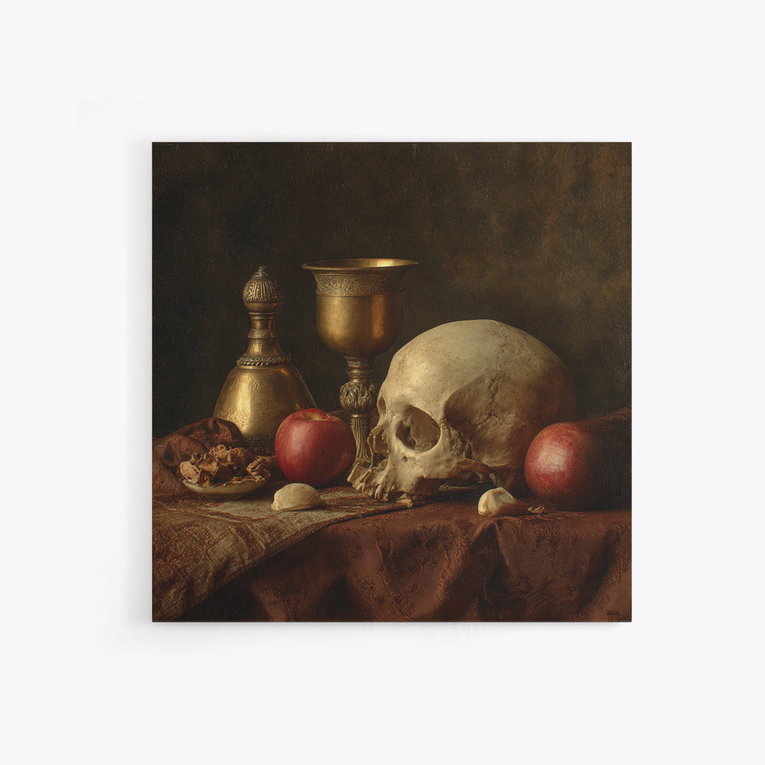 Skull and Hourglass Vanitas Still Life Canvas Print, Baroque Art, Moody Wall Art, Living Room Decor, Fine Art, Ornate, BAO-1x1-5