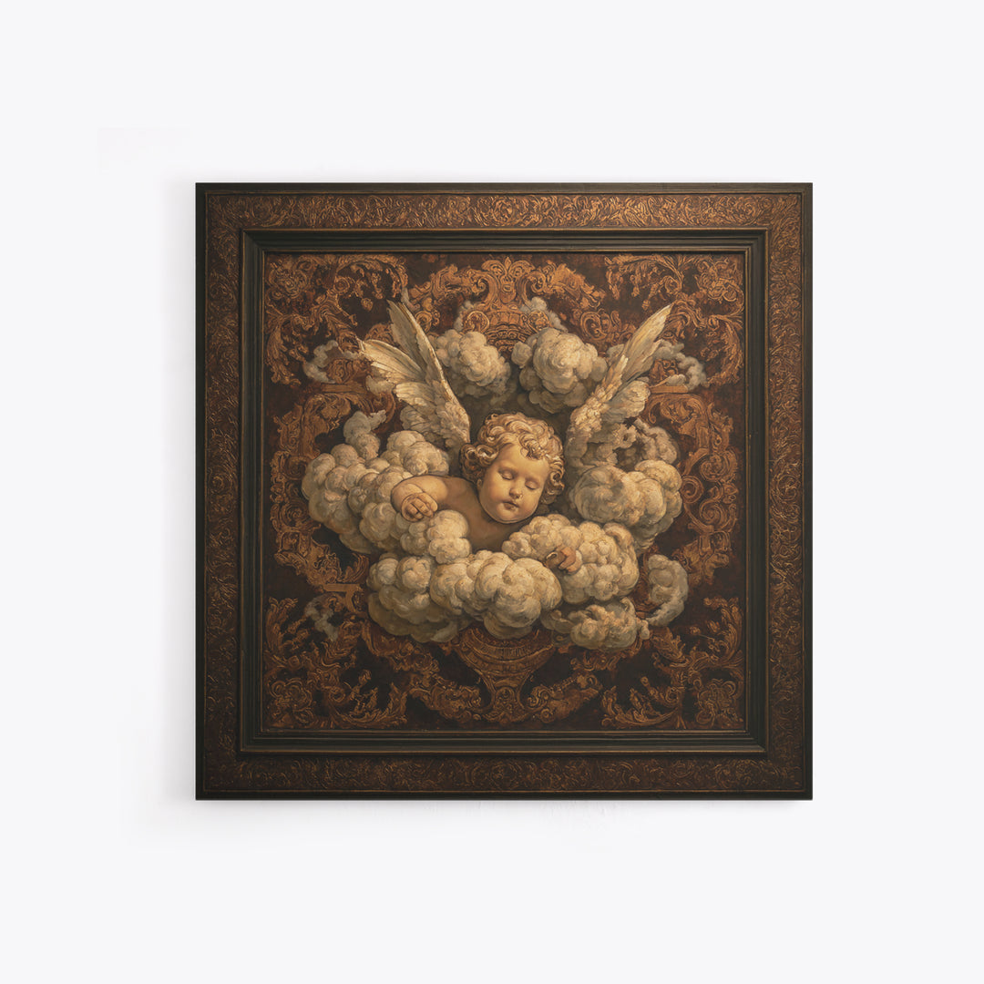 Ornate Cherub Figure Surrounded by Clouds and Canvas Print, Baroque Art, Moody Wall Art, Living Room Decor, Fine Art, Ornate, BAO-1x1-50