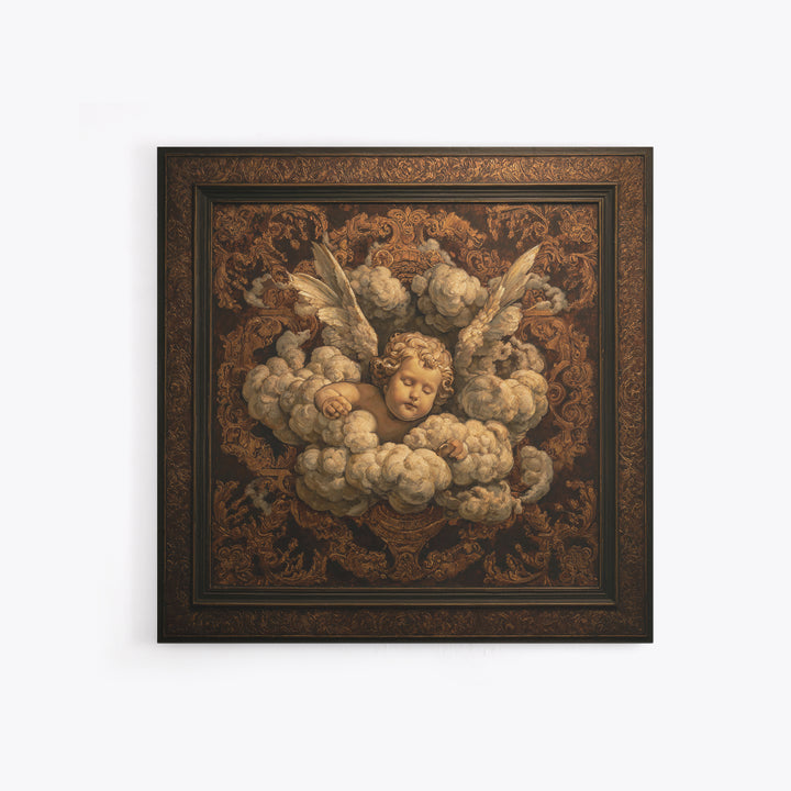Ornate Cherub Figure Surrounded by Clouds and Canvas Print, Baroque Art, Moody Wall Art, Living Room Decor, Fine Art, Ornate, BAO-1x1-50