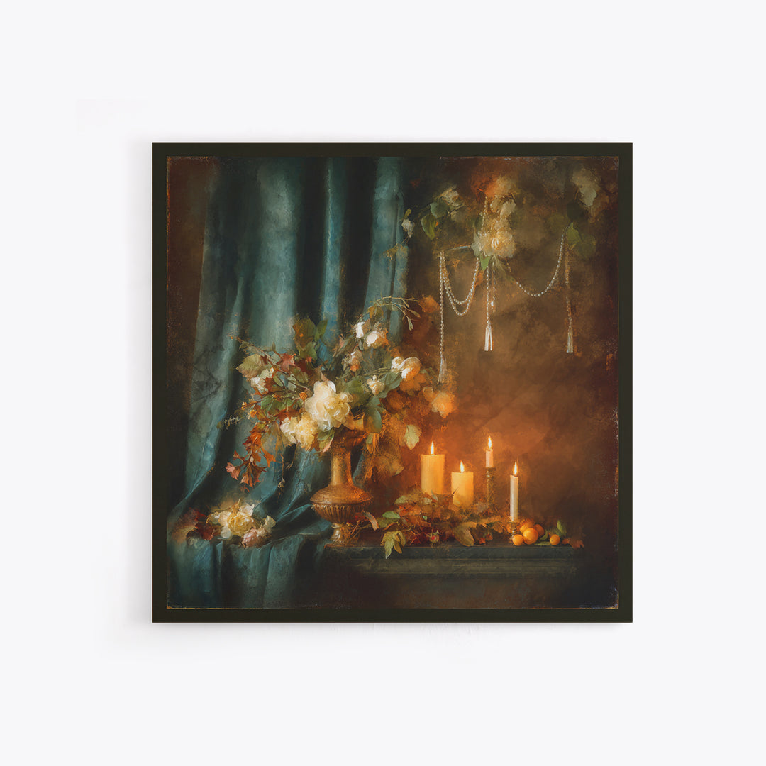 Velvet Drapery with Pearls Flowers and Candlelight Canvas Print, Baroque Art, Maximalist Decor, Living Room Decor, Ornate, BAO-1x1-51