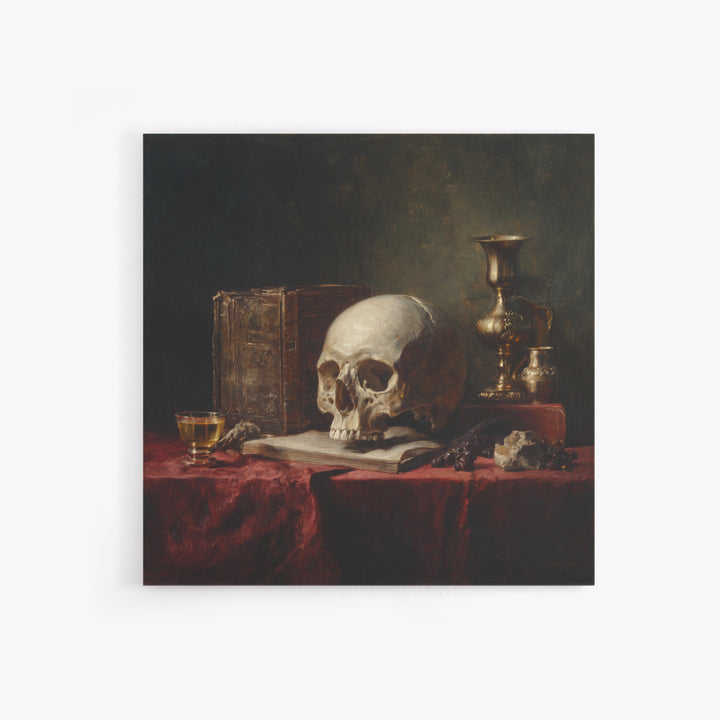 Skull and Hourglass Vanitas Still Life Framed Canvas Print, Baroque Art, Dark Academia Art, Living Room Decor, Fine Art, Ornate, BAO-1x1-53