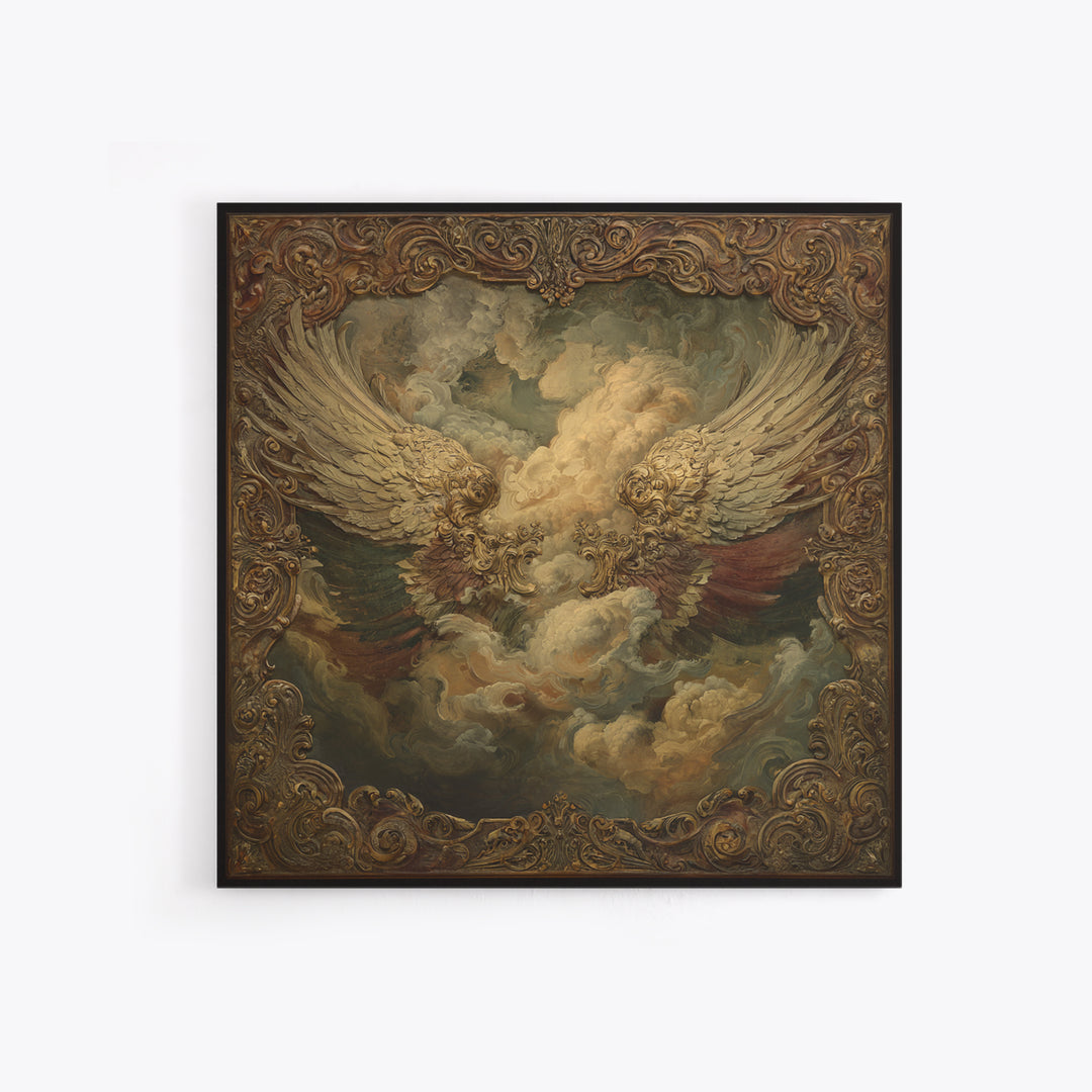 Gilded Angel Wings Emerging from Storm Clouds Canvas Print, Baroque Art, Minimalist Wall Art, Living Room Decor, Oil Painting, BAO-1x1-54