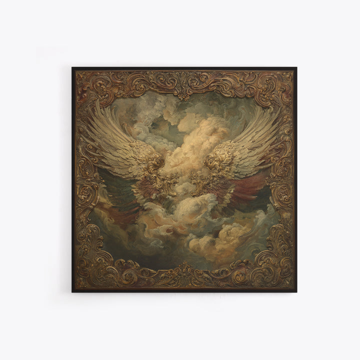 Gilded Angel Wings Emerging from Storm Clouds Canvas Print, Baroque Art, Minimalist Wall Art, Living Room Decor, Oil Painting, BAO-1x1-54