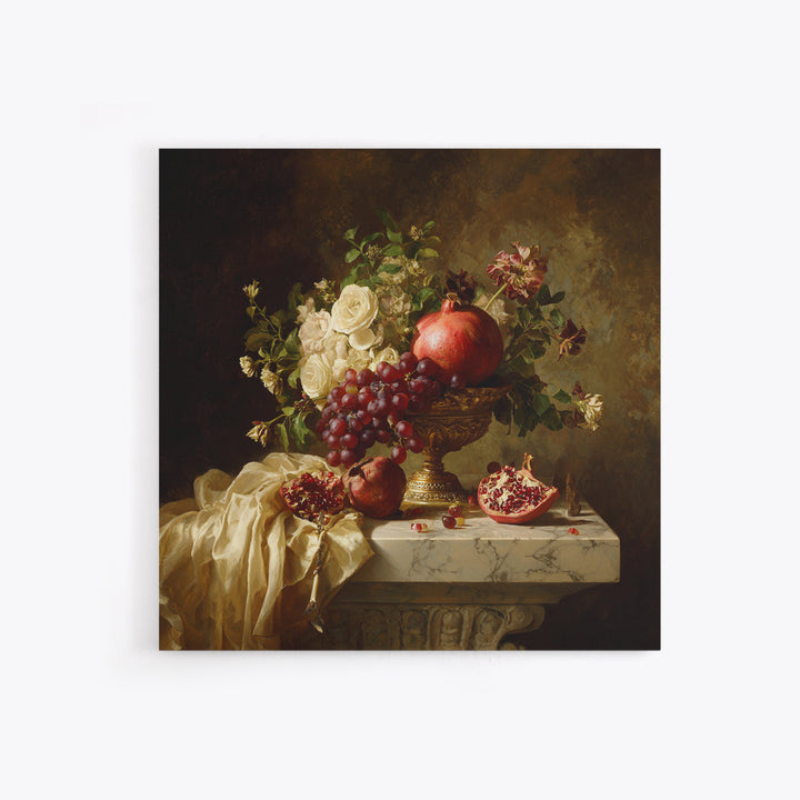 Pomegranate and Grapes on a Marble Ledge Framed Canvas Print, Baroque Art, Digital Wall Art, Living Room Decor, Ornate, BAO-1x1-56