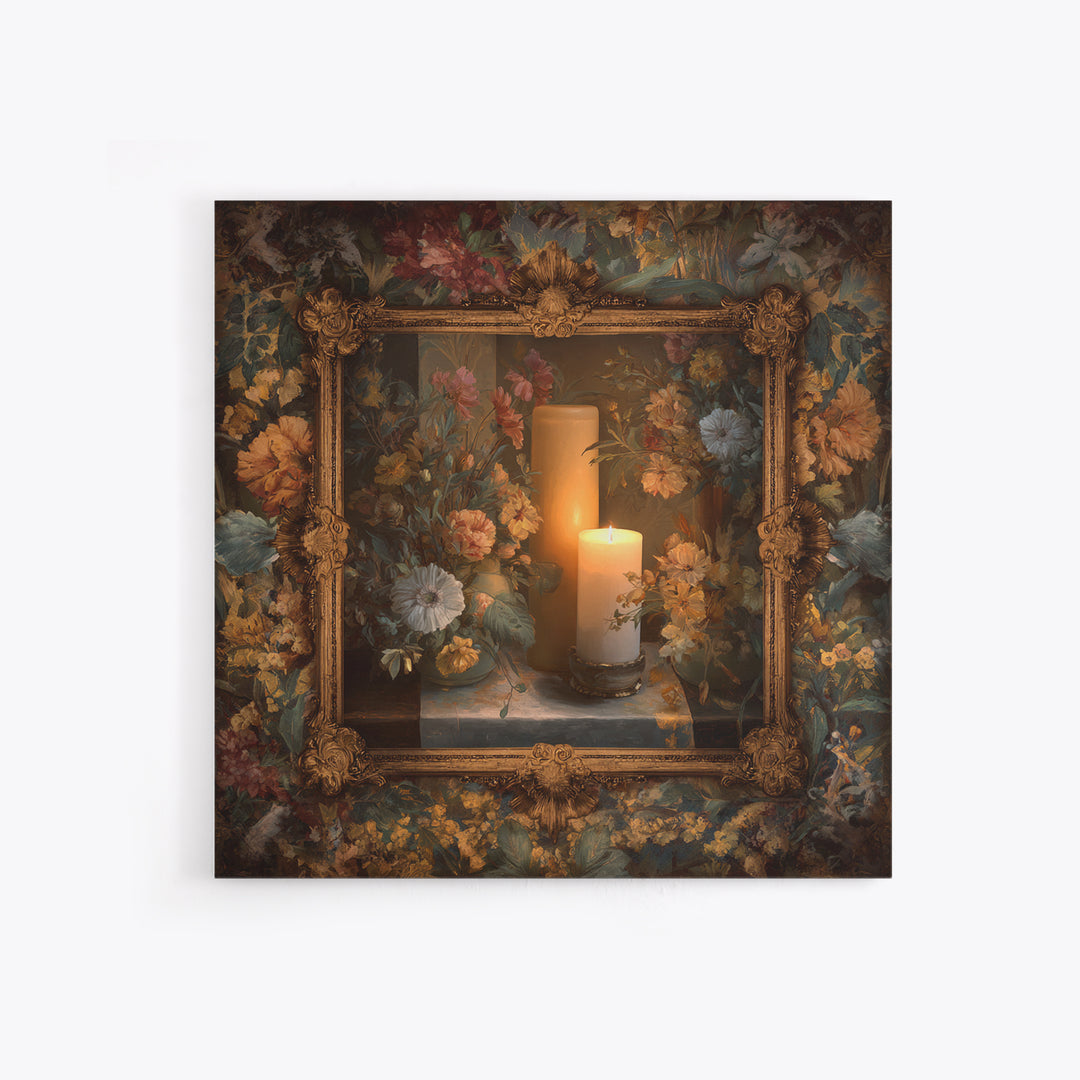 Ornate Gold Frame Illusion Around a Botanical Framed Canvas Print, Baroque Art, Maximalist Decor, Living Room Decor, Ornate, BAO-1x1-57