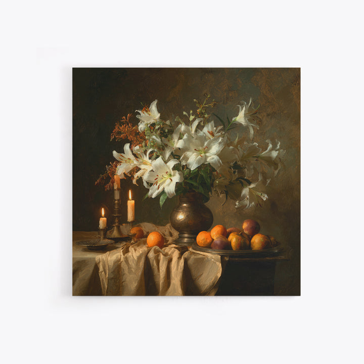 Dramatic White Lilies Canvas Print, Baroque Art, Portrait Painting, Living Room Decor, Fine Art, Ornate, Neutral Decor, BAO-1x1-60
