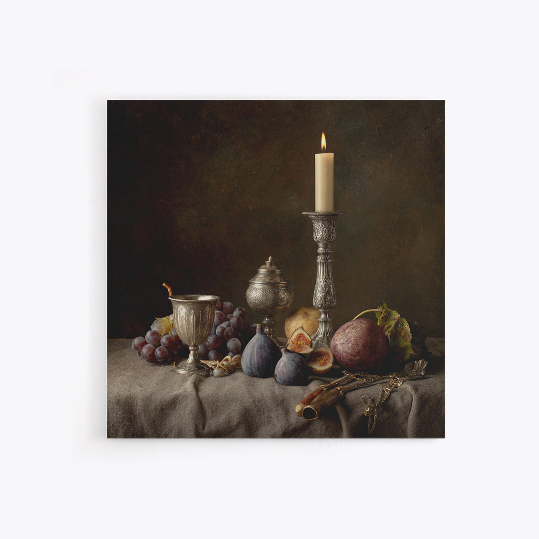 Candlelit Table with Silver Goblet and Figs Canvas Print, Baroque Art, Room Decor Aesthetic, Living Room Decor, Ornate, BAO-1x1-61