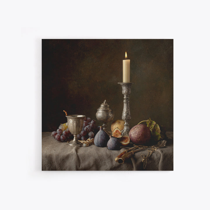 Candlelit Table with Silver Goblet and Figs Canvas Print, Baroque Art, Room Decor Aesthetic, Living Room Decor, Ornate, BAO-1x1-61