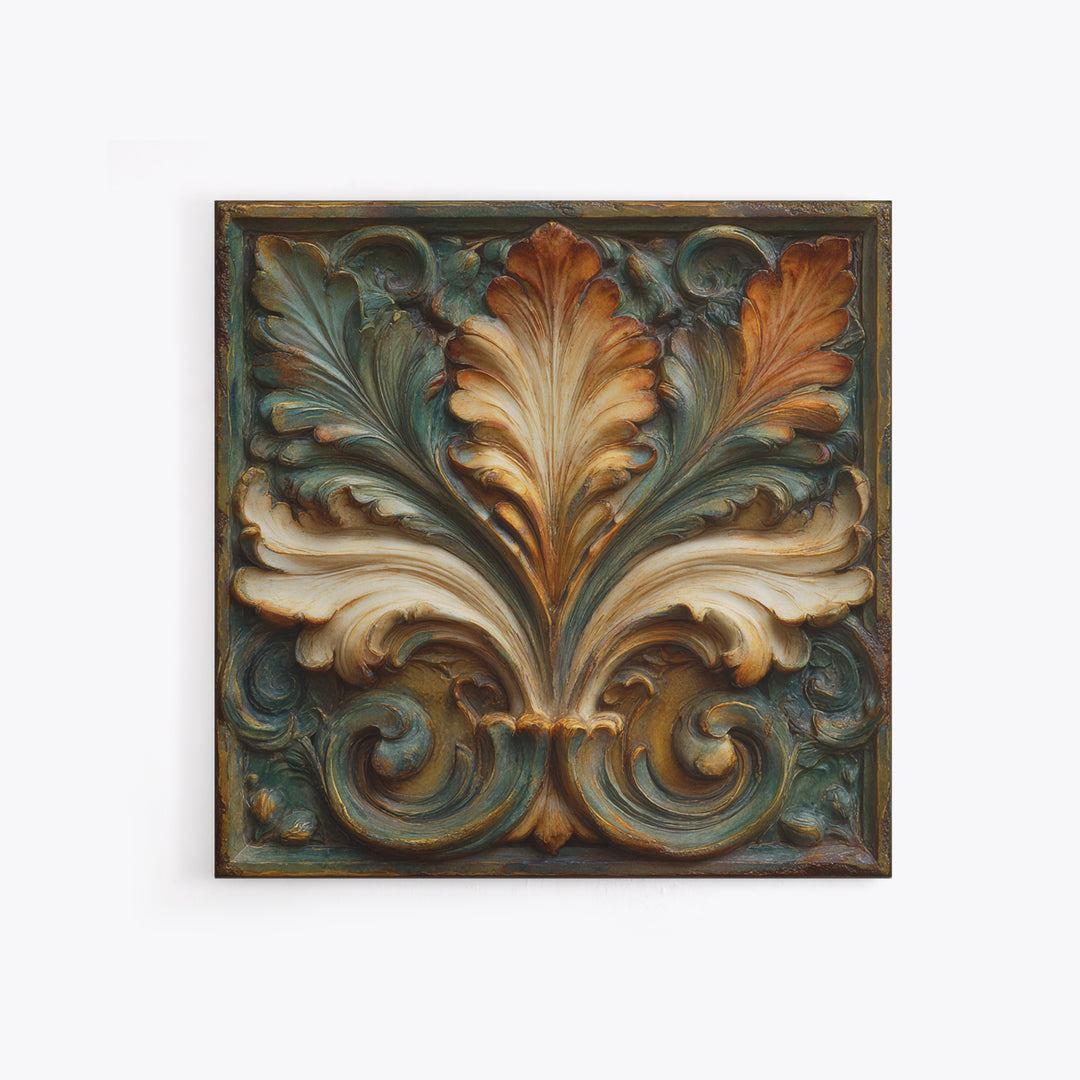 Carved Acanthus Leaf Ornament Study Framed Canvas Print, Baroque Art, Maximalist Wall Art, Living Room Decor, Oil Painting, BAO-1x1-63