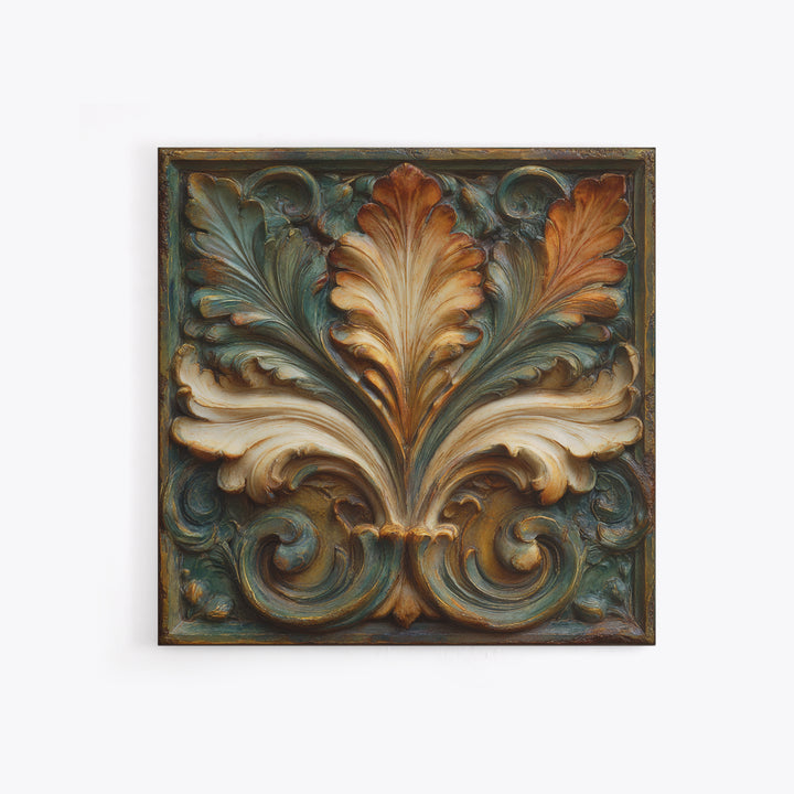 Carved Acanthus Leaf Ornament Study Framed Canvas Print, Baroque Art, Maximalist Wall Art, Living Room Decor, Oil Painting, BAO-1x1-63