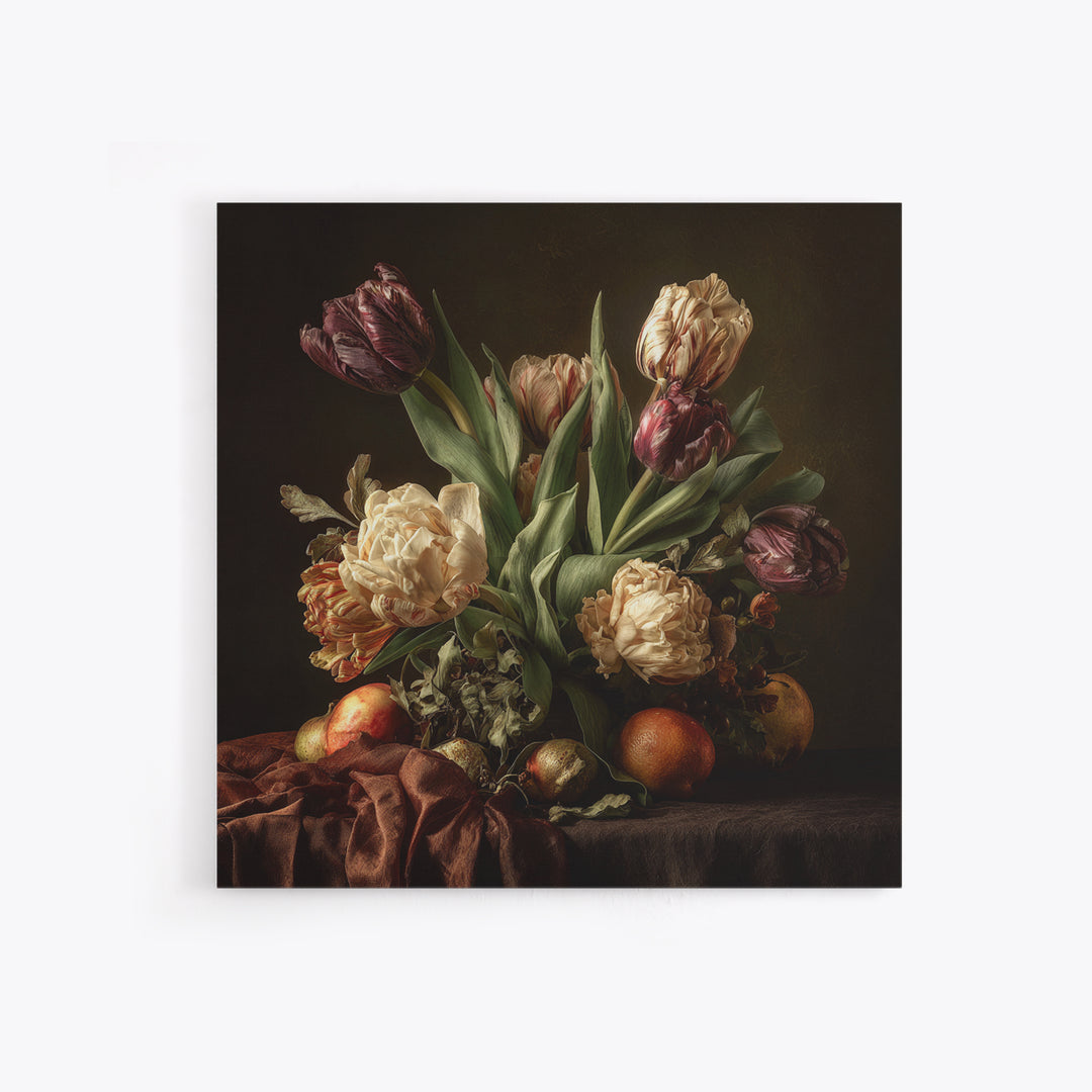 Black Background Tulips Framed Canvas Print, Baroque Art, Living Room Wall Art, Living Room Decor, Ornate, Art Nouveau Decor, BAO-1x1-64