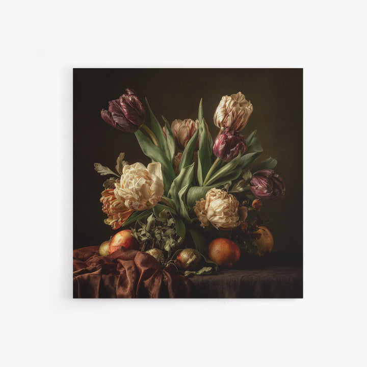 Black Background Tulips Framed Canvas Print, Baroque Art, Living Room Wall Art, Living Room Decor, Ornate, Art Nouveau Decor, BAO-1x1-64