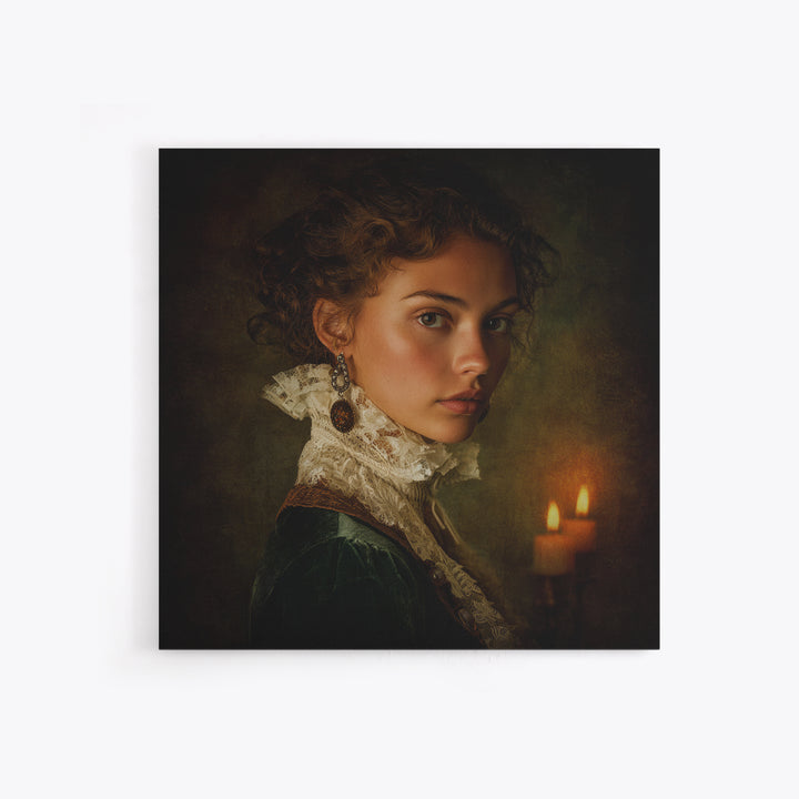 Classical Portrait with Lace Collar and Jewel Framed Canvas Print, Baroque Art, Oil Painting, Living Room Decor, Ornate, BAO-1x1-7
