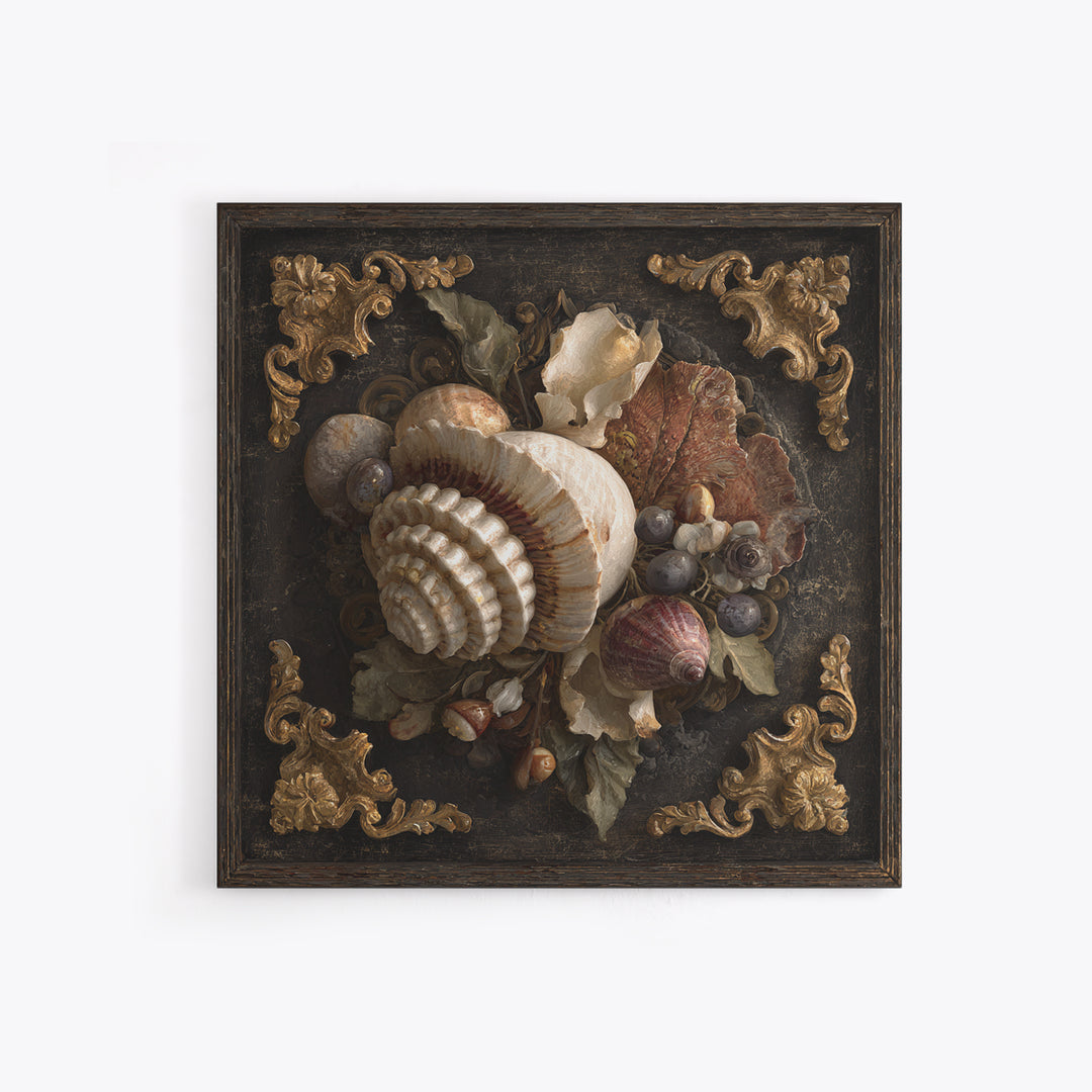 Ornamental Shell and Pearl Composition Framed Canvas Print, Baroque Art, Living Room Wall Art, Living Room Decor, Ornate, BAO-1x1-70