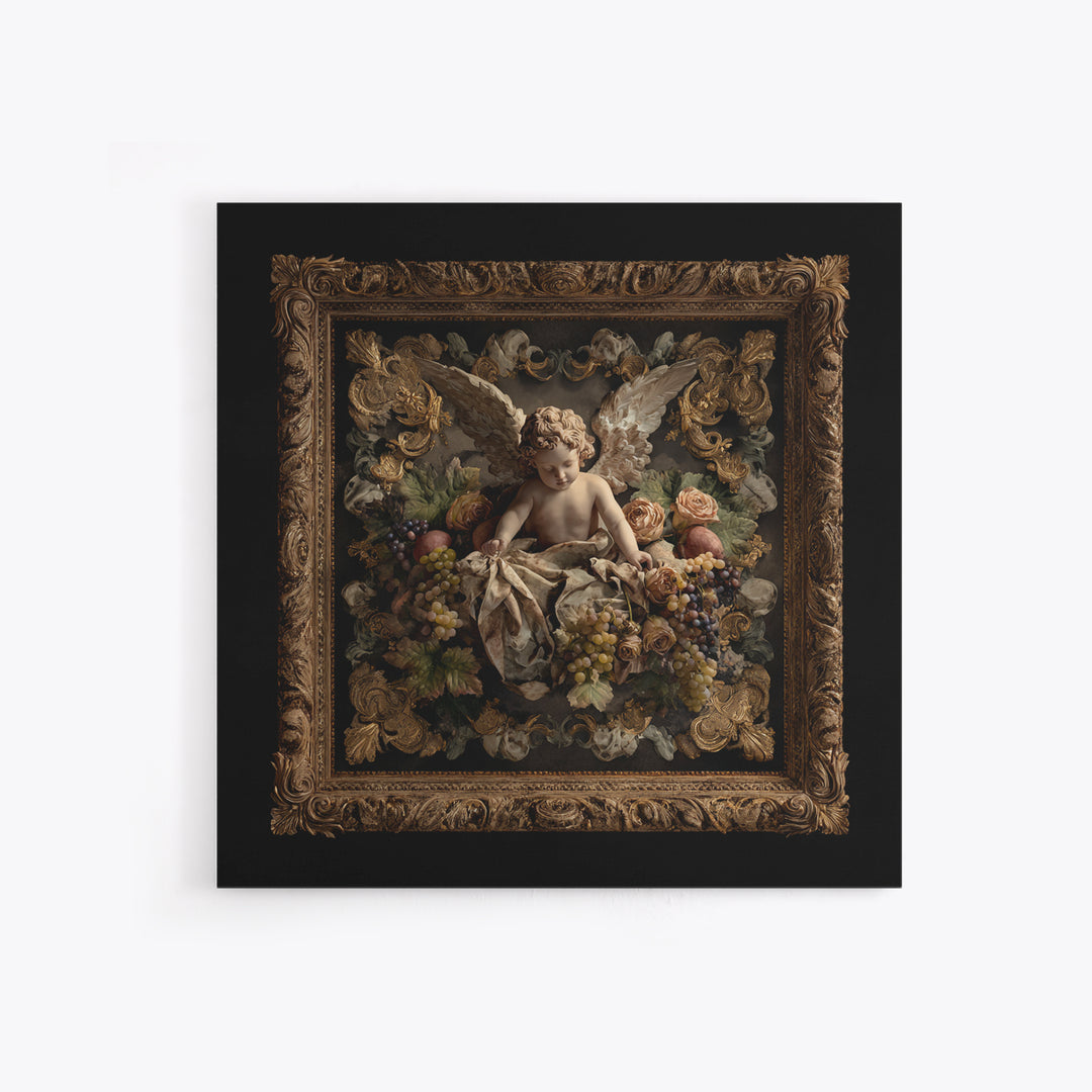 Ornate Cherub Figure Surrounded by Clouds and Canvas Print, Baroque Art, Dark Academia Art, Living Room Decor, Ornate, BAO-1x1-74