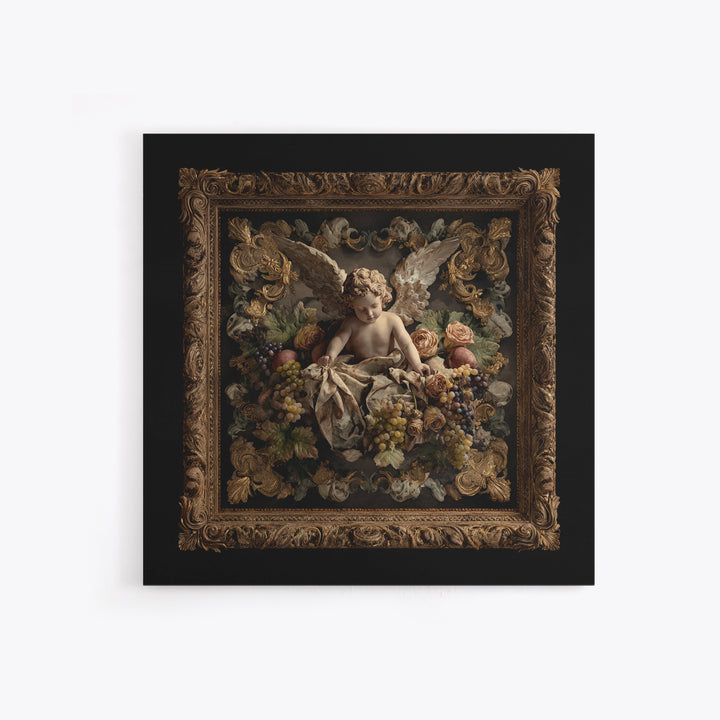 Ornate Cherub Figure Surrounded by Clouds and Canvas Print, Baroque Art, Dark Academia Art, Living Room Decor, Ornate, BAO-1x1-74