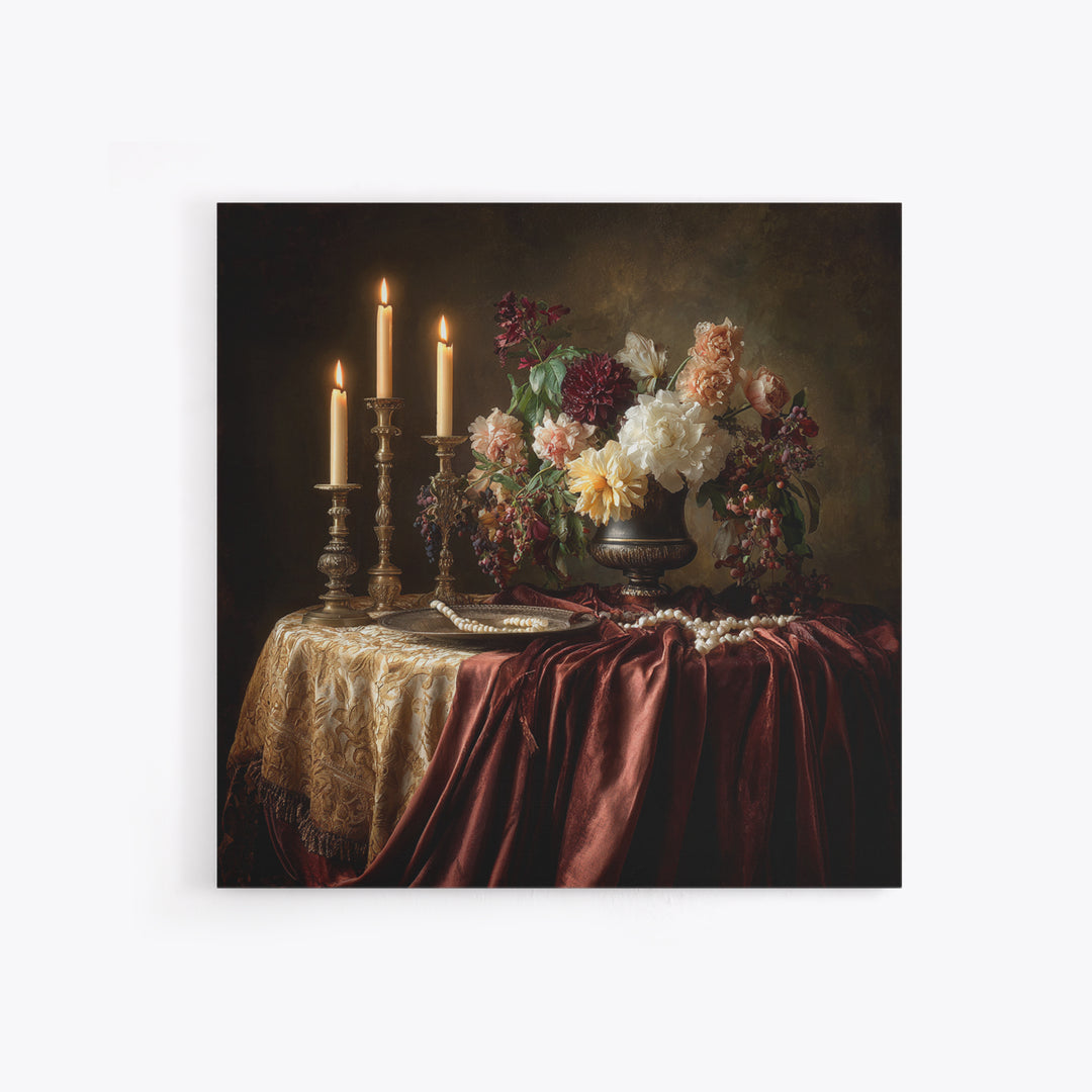 Velvet Drapery with Pearls Flowers and Candlelight Canvas Print, Baroque Art, Baroque, Living Room Decor, Fine Art, Ornate, BAO-1x1-75