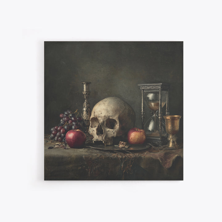 Skull and Hourglass Vanitas Still Life Canvas Print, Baroque Art, Art Nouveau Decor, Living Room Decor, Fine Art, Ornate, BAO-1x1-77