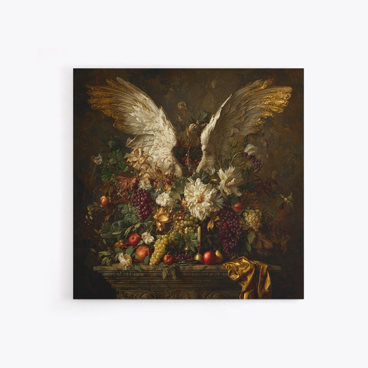Gilded Angel Wings Emerging from Storm Clouds Framed Canvas Print, Baroque Art, Maximalist Decor, Living Room Decor, Ornate, BAO-1x1-78