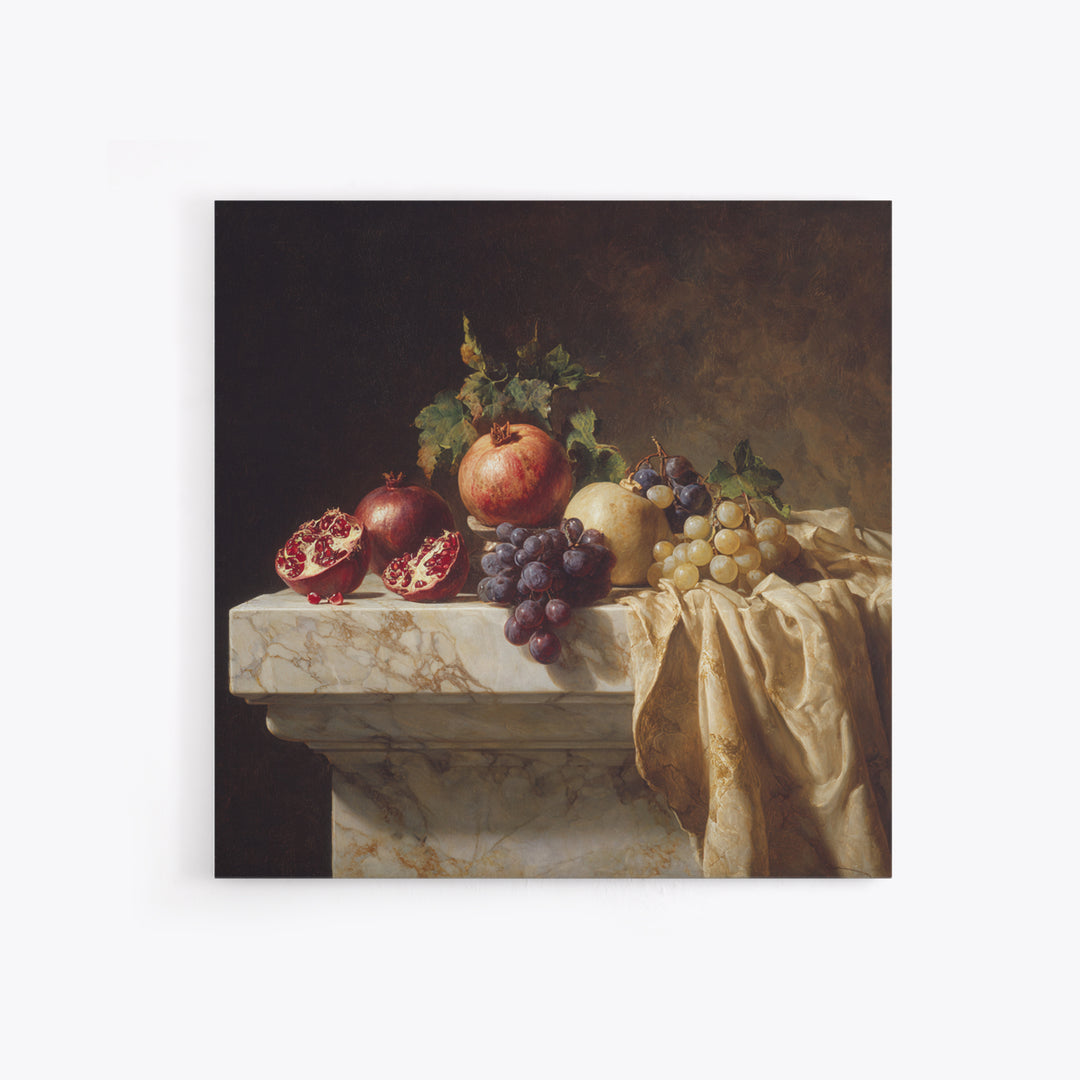 Pomegranate and Grapes on a Marble Ledge Framed Canvas Print, Baroque Art, Digital Wall Art, Living Room Decor, Ornate, BAO-1x1-8