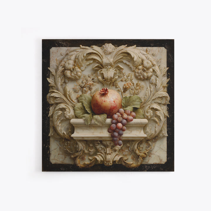 Pomegranate and Grapes on a Marble Ledge Framed Canvas Print, Baroque Art, Home Decor, Living Room Decor, Fine Art, Ornate, BAO-1x1-80