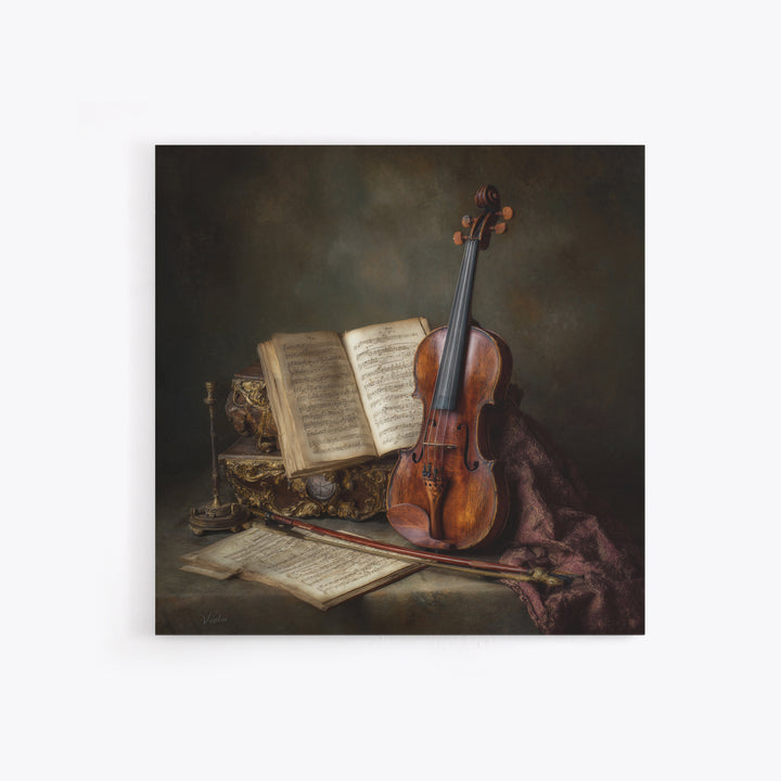 Baroque Violin and Sheet Music Still Life Framed Canvas Print, Baroque Art, Home Decor, Living Room Decor, Fine Art, Ornate, BAO-1x1-83