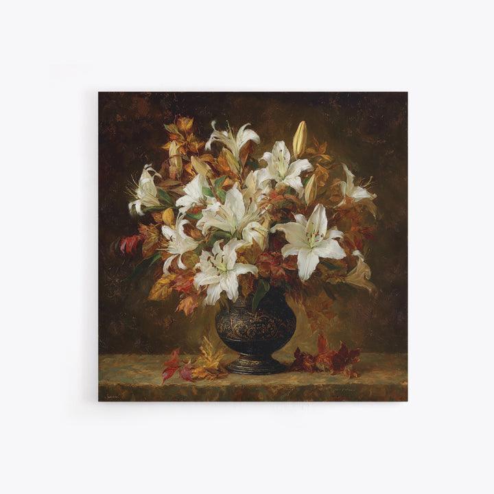Dramatic White Lilies Framed Canvas Print, Baroque Art, Maximalist Wall Art, Living Room Decor, Abstract Art, Ornate, BAO-1x1-84