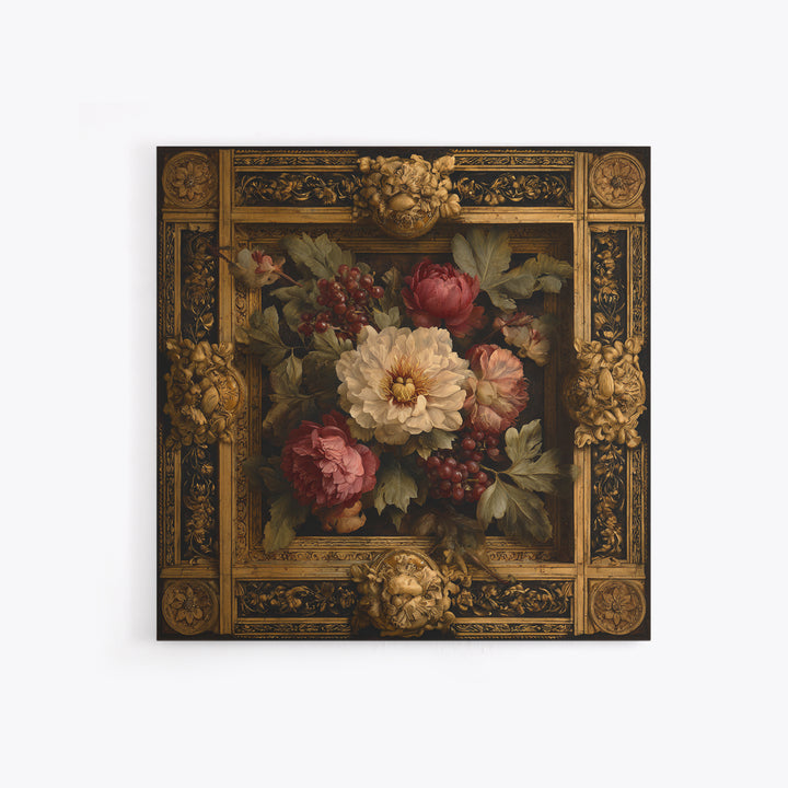 Ornate Gold Frame Illusion Around a Botanical Canvas Print, Baroque Art, Minimalist Wall Art, Living Room Decor, Ornate, BAO-1x1-9