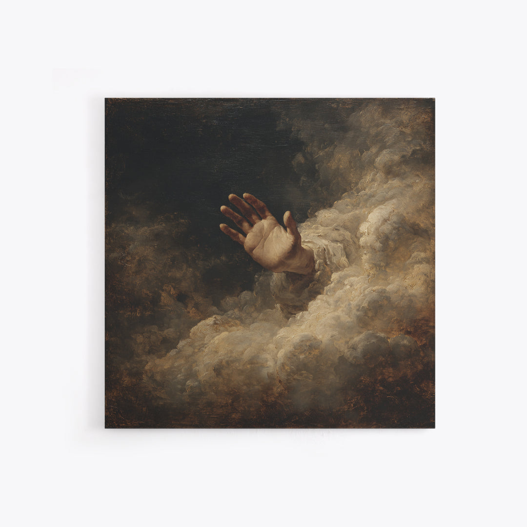 Angelic Hand Reaching Through Clouds Framed Canvas Print, Baroque Art, Maximalist Wall Art, Living Room Decor, Oil Painting, BAO-1x1-93