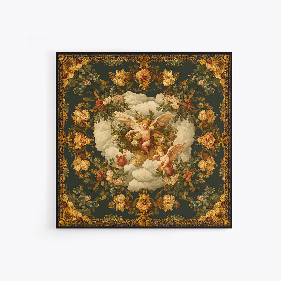 Ornate Cherub Figure Surrounded by Clouds and Canvas Print, Baroque Art, Art Nouveau Decor, Living Room Decor, Fine Art, Ornate, BAO-1x1-98