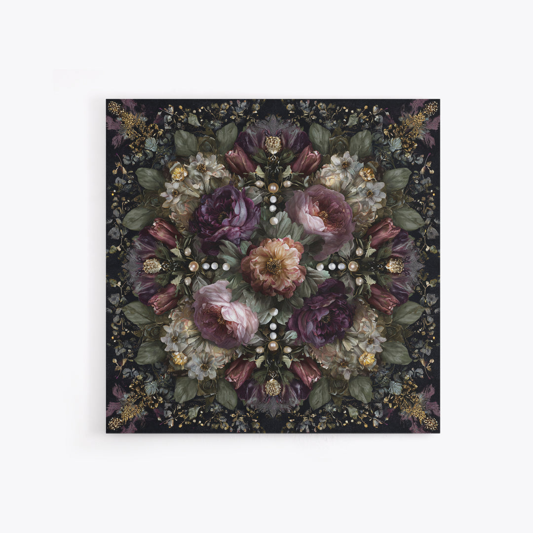 Velvet Drapery with Pearls Flowers and Candlelight Canvas Print, Baroque Art, Living Room Decor, Oil Painting, Ornate, BAO-1x1-99