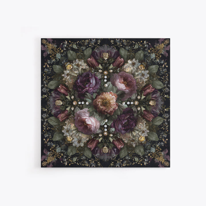 Velvet Drapery with Pearls Flowers and Candlelight Canvas Print, Baroque Art, Living Room Decor, Oil Painting, Ornate, BAO-1x1-99