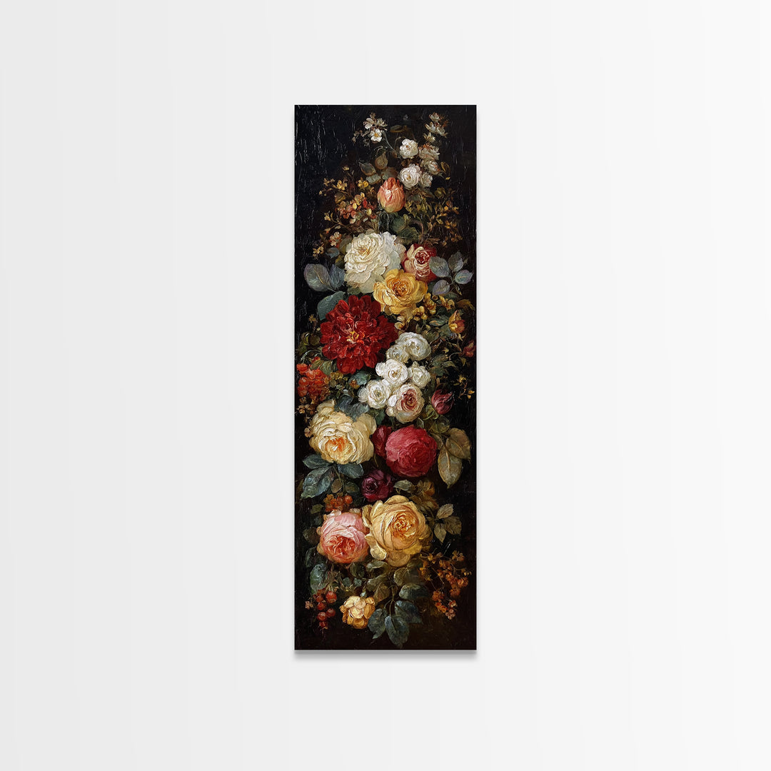 Dark Floral Arrangement Canvas Print, Baroque Art, Gallery Wall, Living Room Decor, Ornate, Neutral Decor, Modern Decor, BAO-1x3-16