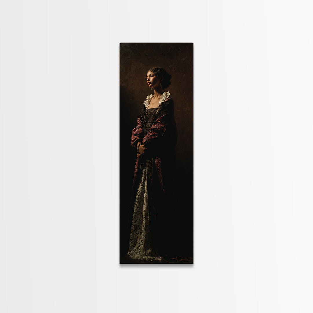 Classical Portrait with Lace Collar and Jewel Framed Canvas Print, Baroque Art, Feminist Art, Living Room Decor, Ornate, BAO-1x3-19